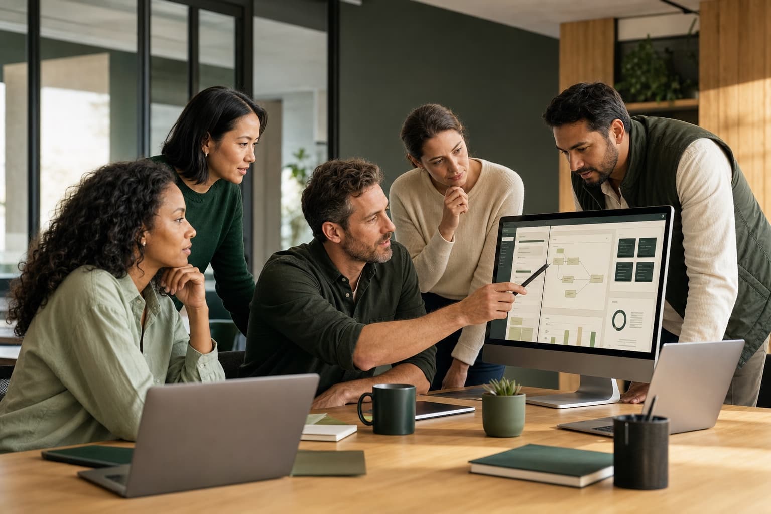 A business team collaborating with a software consultant around a shared workflow