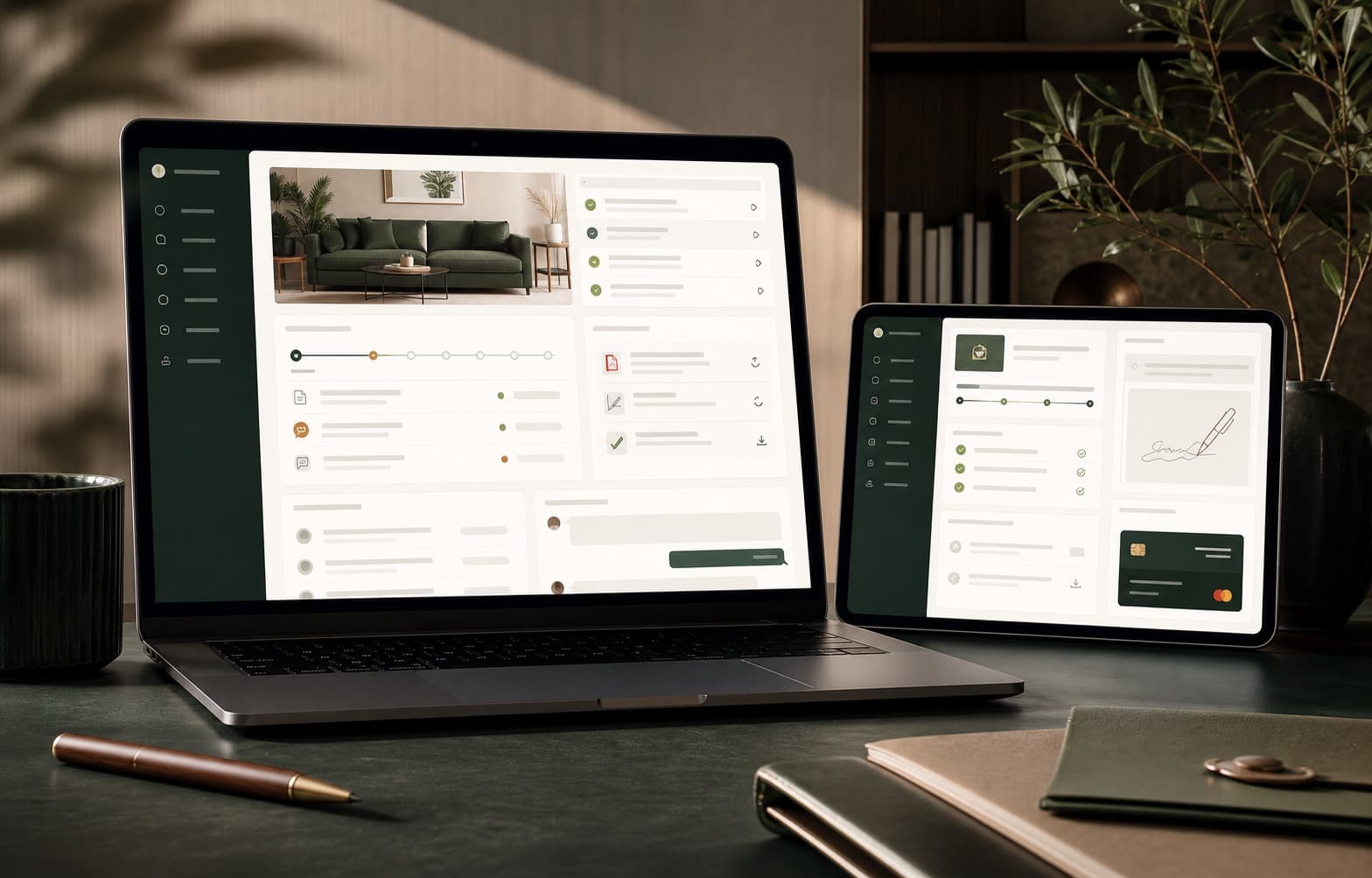 A polished client portal showing project information and customer actions