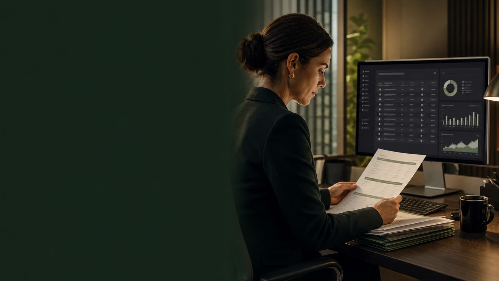 A billing professional reviewing an invoice and payment records