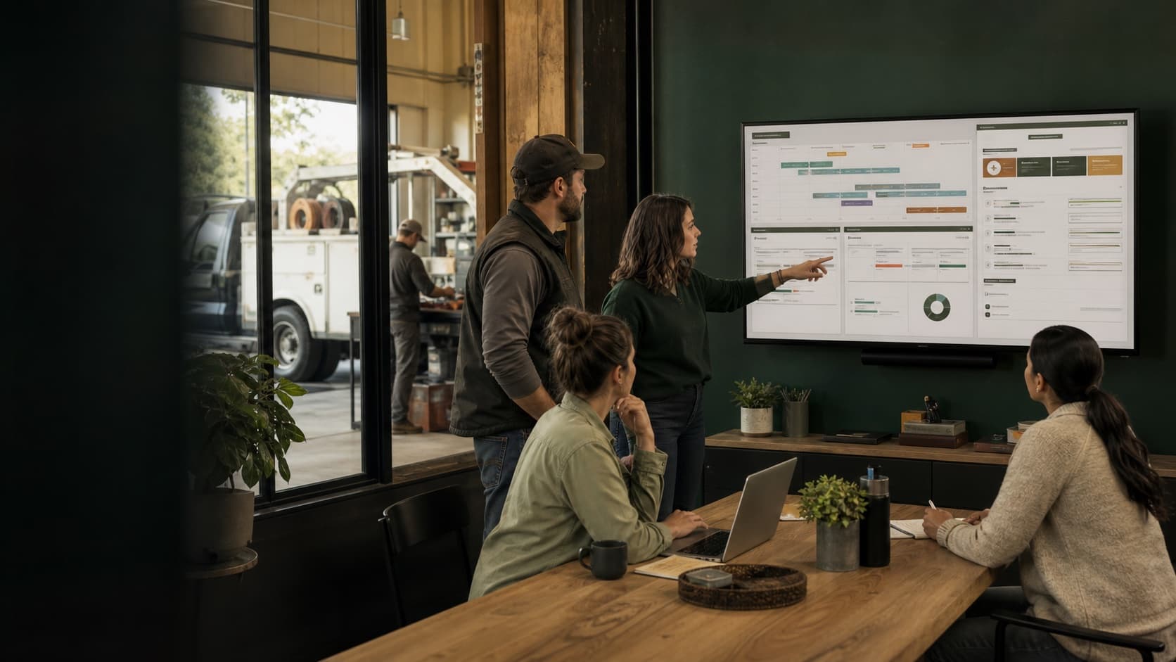 A cross-functional team coordinating work across office and field operations
