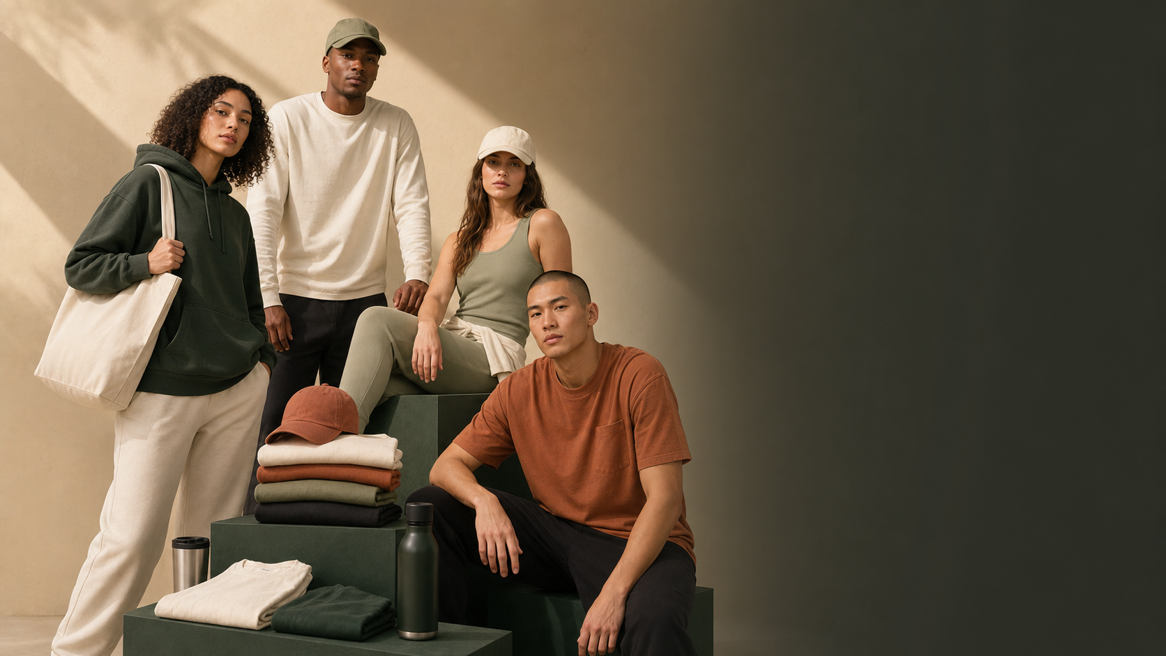 Eclipse merch group wearing forest, terracotta, sage, and cream apparel
