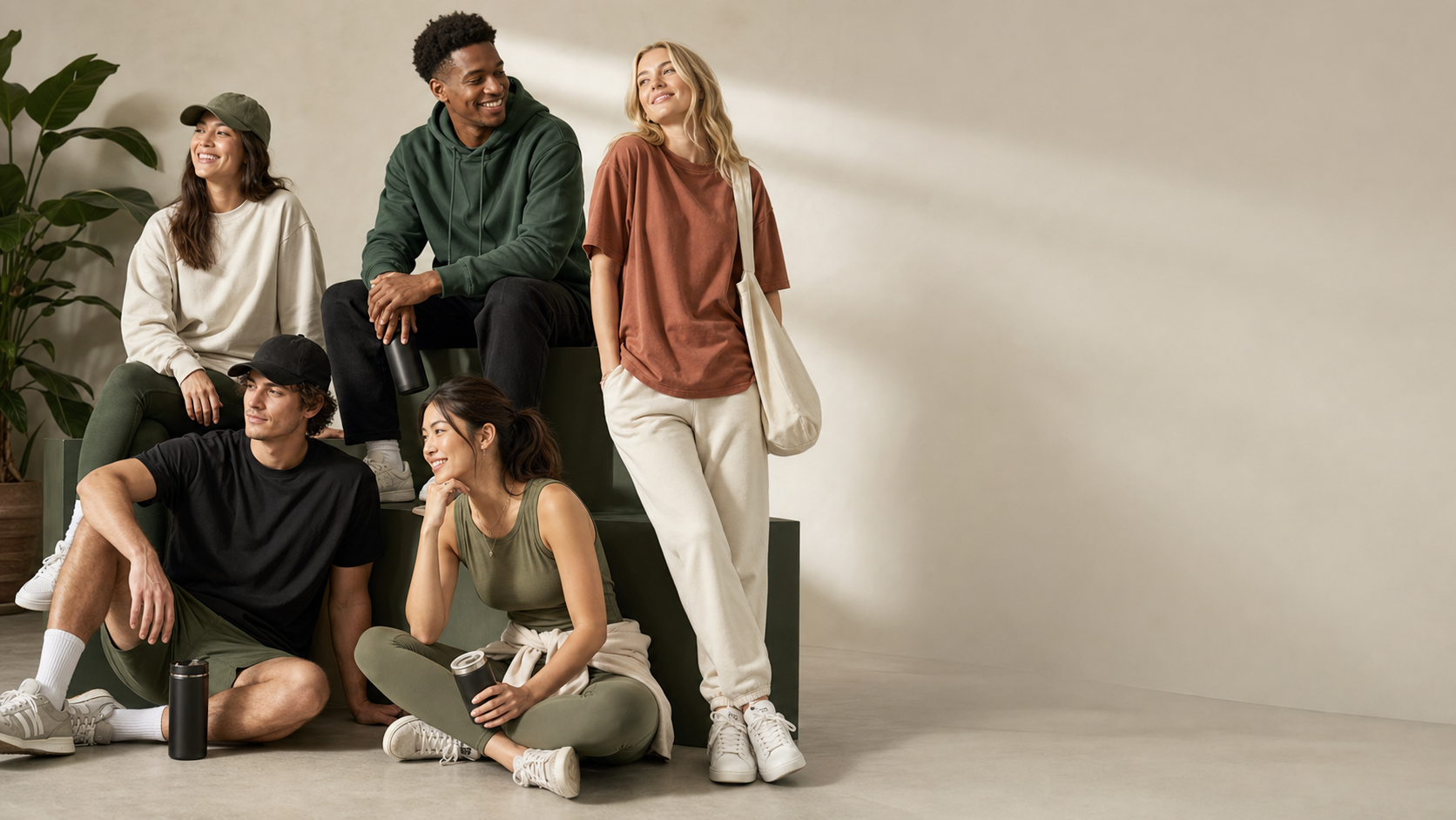 Women wearing sage, cream, terracotta, and forest Eclipse-style layers